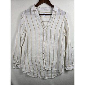 Sigrid Olsen Womens 100% Linen Striped Button-Down Shirt White & Beige Small